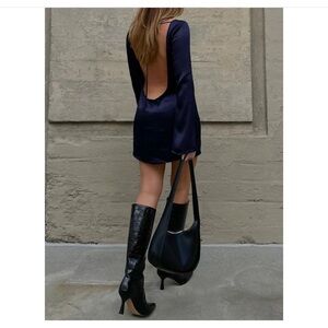 NWT long sleeve backless satin midnight blue mini dress